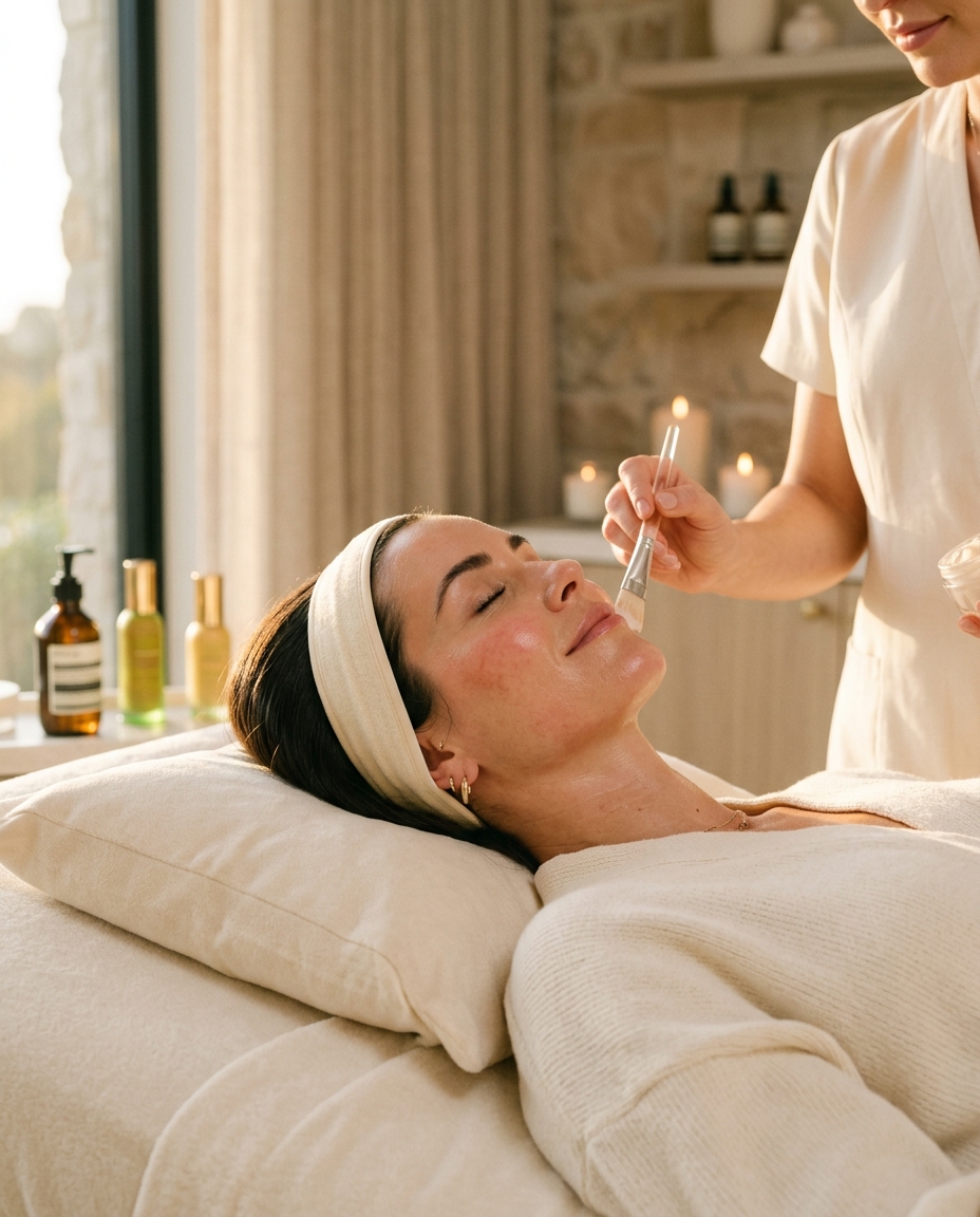 A client receiving a facial treatment in warm afternoon light at Afterglow Tampa